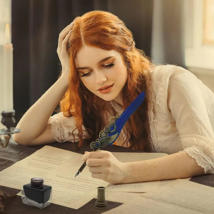 Vintage Kalligraphie-Set mit blauem Stift und Zubehör