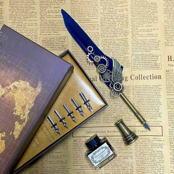 Vintage Kalligraphie-Set mit blauem Stift und Zubehör