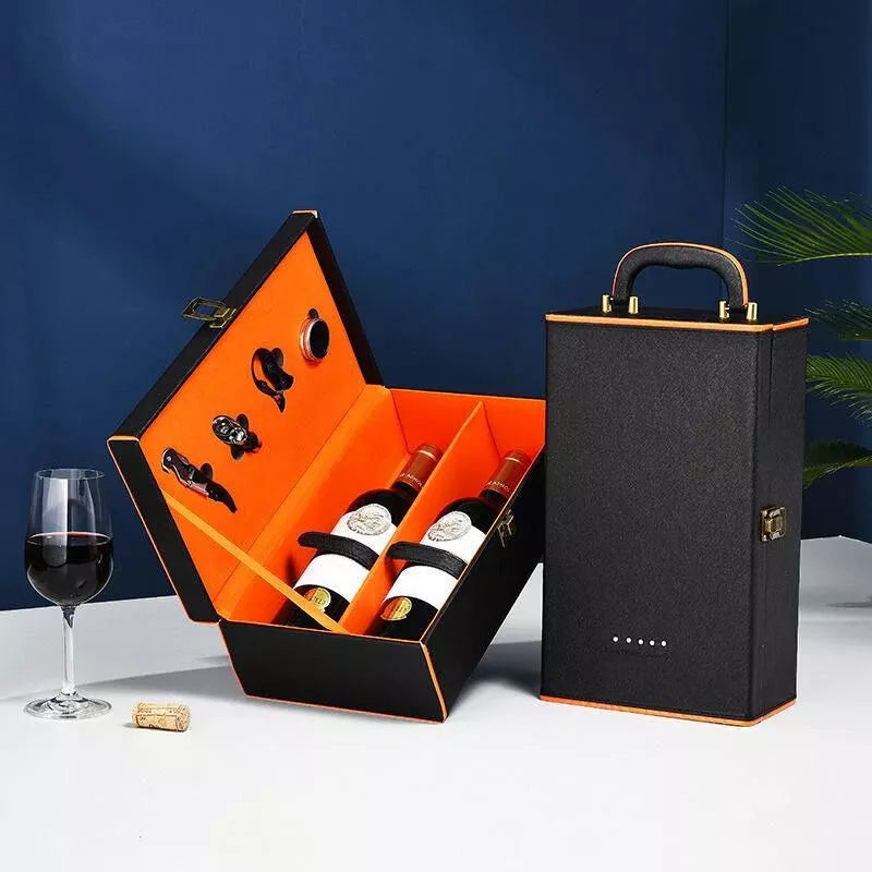 Luxus-Weinkiste für 2 Flaschen mit Zubehör, orangefarbene Innenausstattung