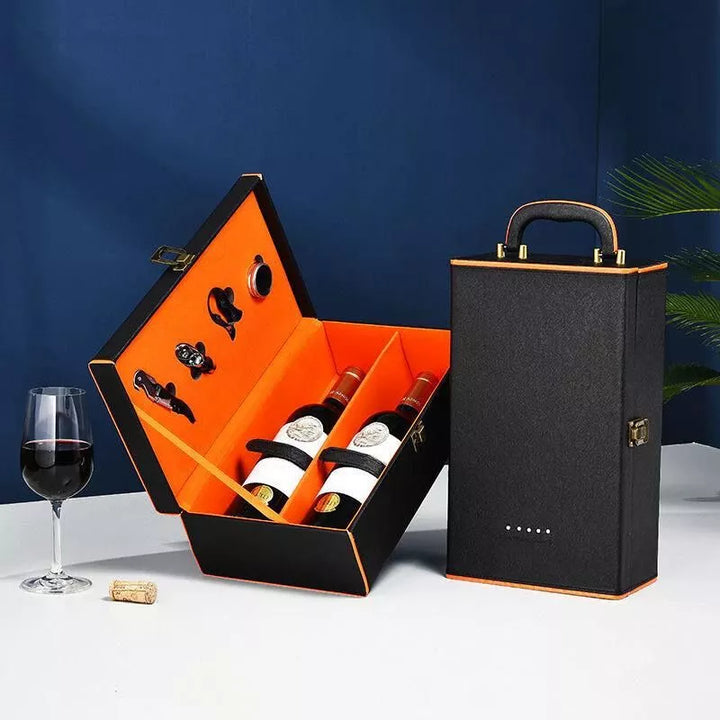 Luxus-Weinkiste für 2 Flaschen mit Zubehör, orangefarbene Innenausstattung