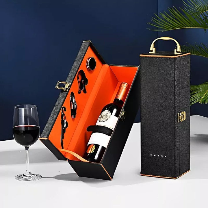 Deluxe-Weinkarton für 1 Flasche mit Zubehör, orangefarbenes Innenleben inklusive
