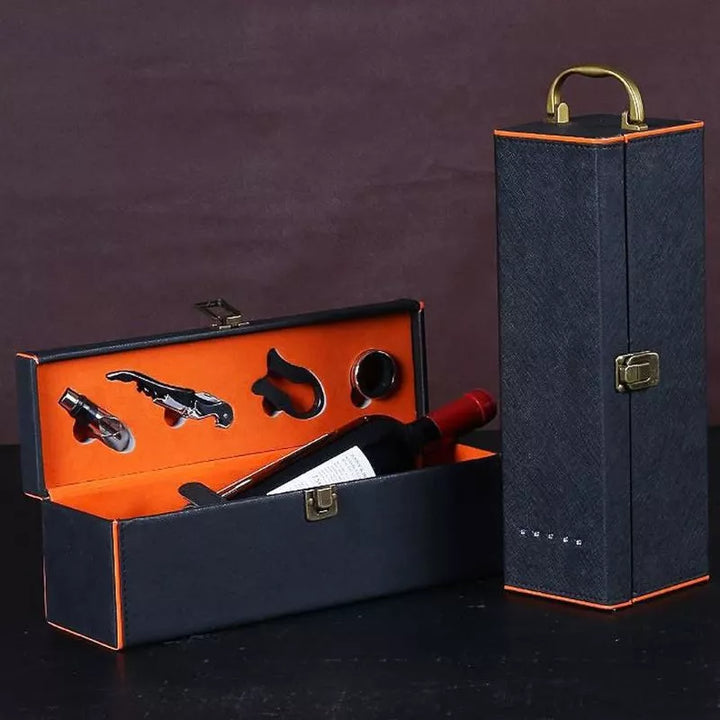 Deluxe-Weinkarton für 1 Flasche mit Zubehör, orangefarbenes Innenleben inklusive
