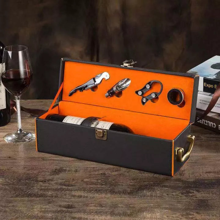 Deluxe-Weinkarton für 1 Flasche mit Zubehör, orangefarbenes Innenleben inklusive