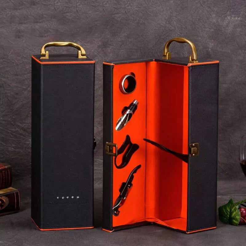 Deluxe-Weinkarton für 1 Flasche mit Zubehör, orangefarbenes Innenleben inklusive