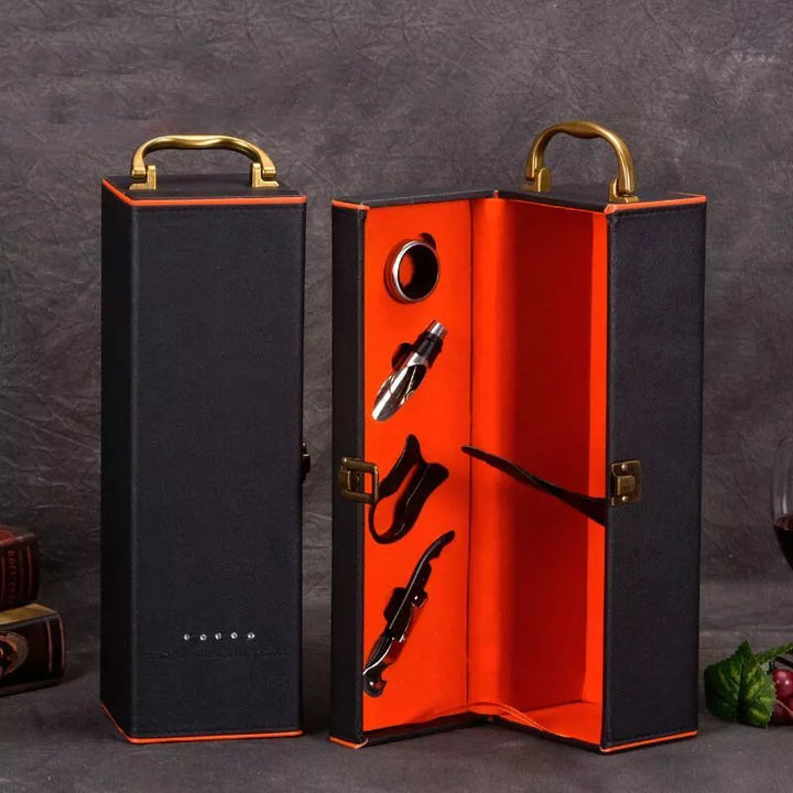 Deluxe-Weinkarton für 1 Flasche mit Zubehör, orangefarbenes Innenleben inklusive