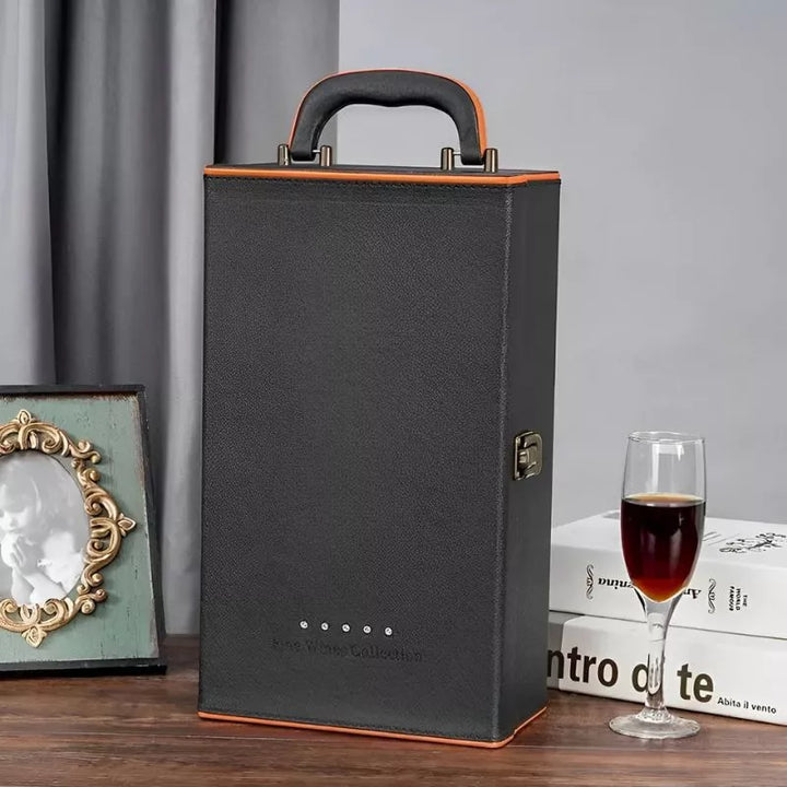 Luxus-Weinkiste für 2 Flaschen mit Zubehör, orangefarbene Innenausstattung