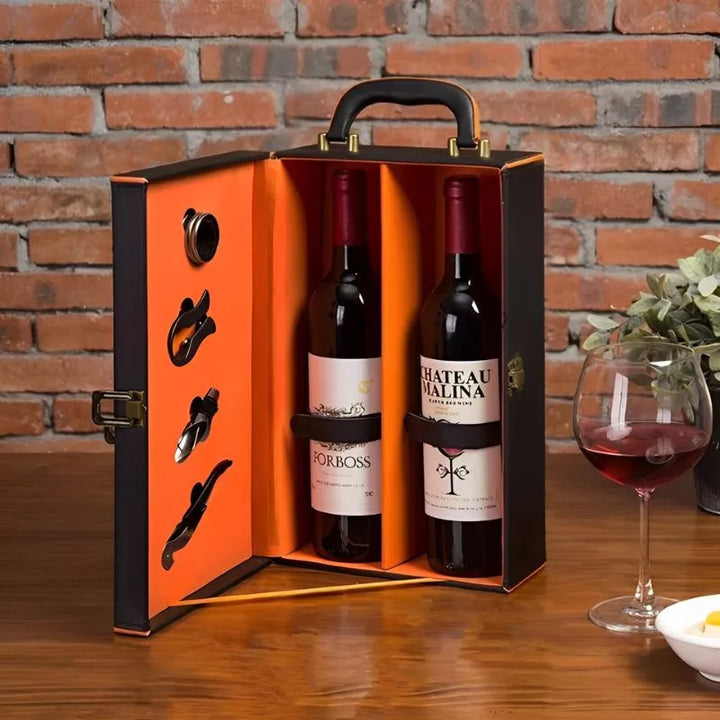 Luxus-Weinkiste für 2 Flaschen mit Zubehör, orangefarbene Innenausstattung