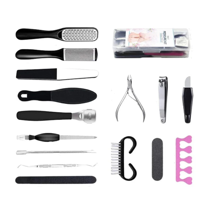 Ein Set mit 26 Elementen für eine Pediküre zu Hause